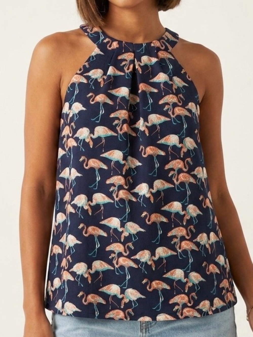 Entro Navy Flamingo Print Sleeveless Halter Neck Blouse Top Women’s Medium